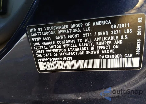 2012 Volkswagen Passat 2.5L Se from USA, damaged, VIN 1VWBP7A36CC015429